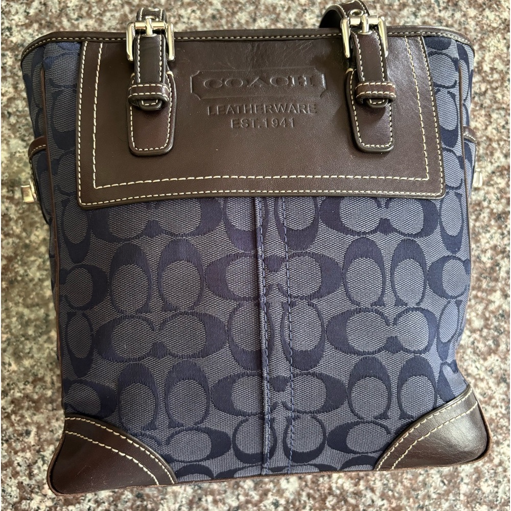 Coach Purse Over Shoulder Blue and Brown